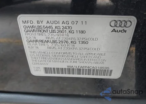 2012 Audi Q5 2.0T Premium z USA, uszkodzony, nr VIN WA1LFAFP4CA018595